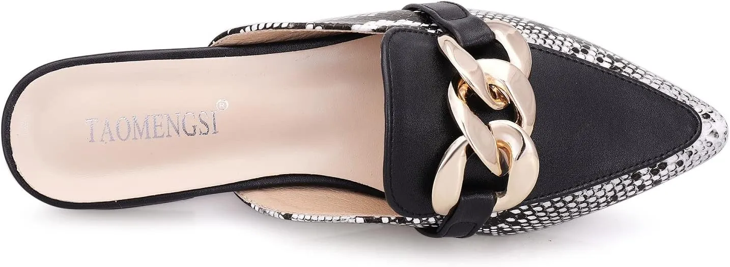Mules for Women Chain Pointed Toe Flat Slides Mules - Slip on Comfortable Leather Women's Mule Shoe