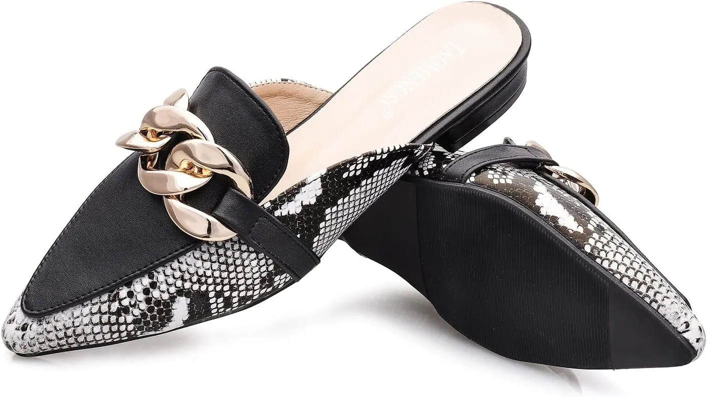 Mules for Women Chain Pointed Toe Flat Slides Mules - Slip on Comfortable Leather Women's Mule Shoe