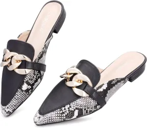 Mules for Women Chain Pointed Toe Flat Slides Mules - Slip on Comfortable Leather Women's Mule Shoe