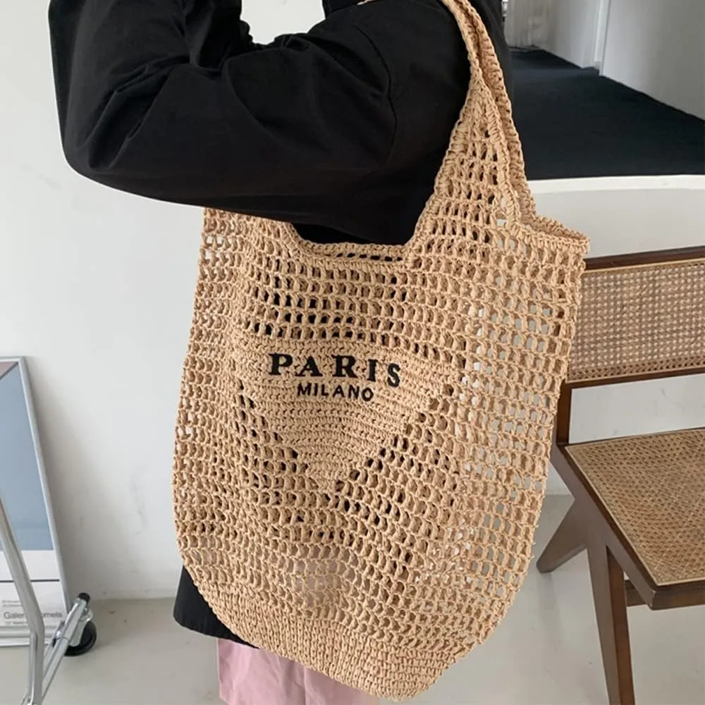 New Woven Bag, Straw Mesh Tote Bag, Beach, Shoulder Bag, Hobo Women, Foldable Large Capacity, for Holiday.