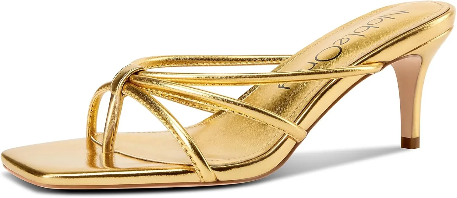 NobleOnly Womens Strappy Kitten Heels Square Open Toe Thong Heels Flip Flop Heels Dress Prom Slip-on Mule Heels 2.6 Inches Heels