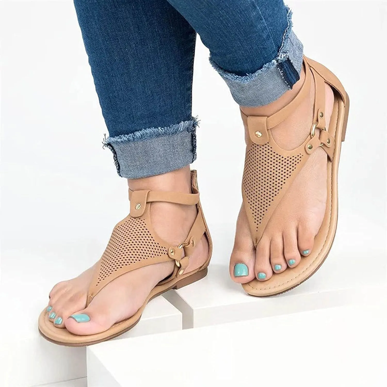 oiangi Sandals for Women Casual Summer,Fashion Clip-Toe Zipper Mesh Comfy Flats Shoes Beach Sandals