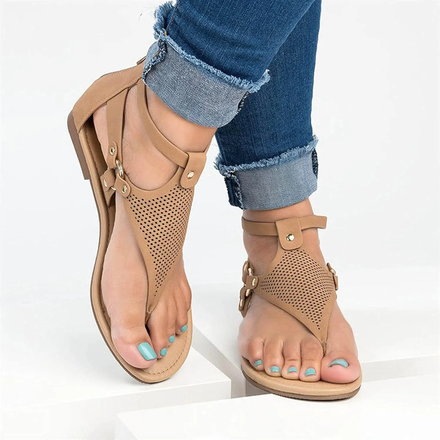 oiangi Sandals for Women Casual Summer,Fashion Clip-Toe Zipper Mesh Comfy Flats Shoes Beach Sandals