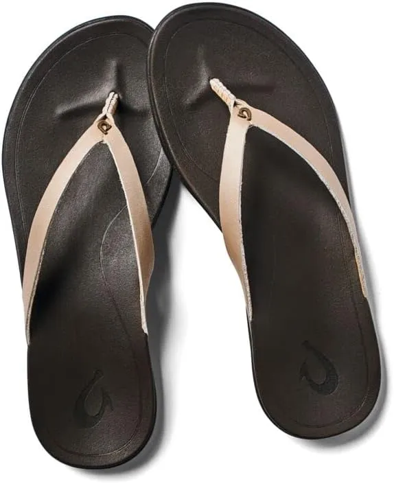 OLUKAI Ho'opio Leather Women's Beach Sandals, Full-Grain Leather Flip-Flop Slides, Modern Low Profile Design & Comfortable Fit
