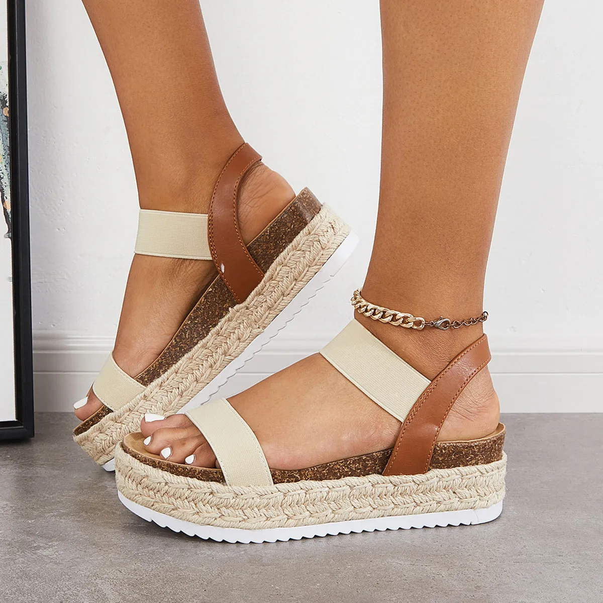 Open Toe Espadrille Platform Sandals Cork Elastic Strap Sandals