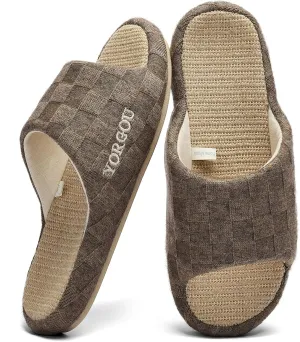 Open Toe Slippers for Women - Unisex Non-Slip Comfy House Slippers Linen Slip On Ladies Slides Breathable Indoor Shoes Washable