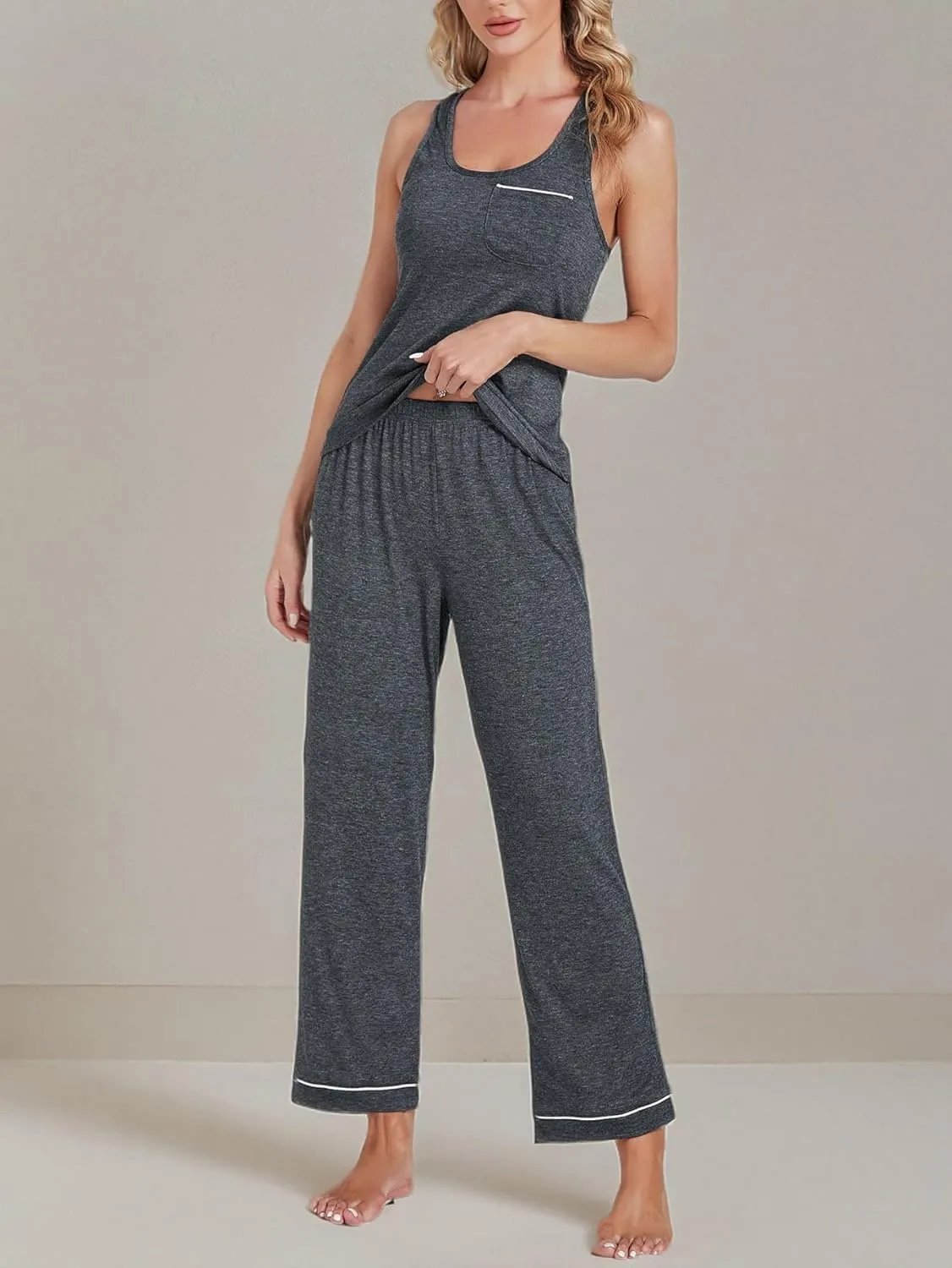 OPOIPIN Women's Pajamas Sets Scoop Neck Sleeveless Tank Tops and Elastic Waist Long Pants Sleepwear Sets with Chest Pocket