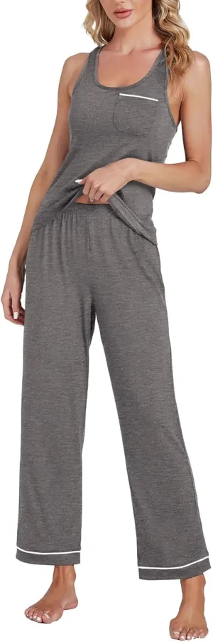 OPOIPIN Women's Pajamas Sets Scoop Neck Sleeveless Tank Tops and Elastic Waist Long Pants Sleepwear Sets with Chest Pocket