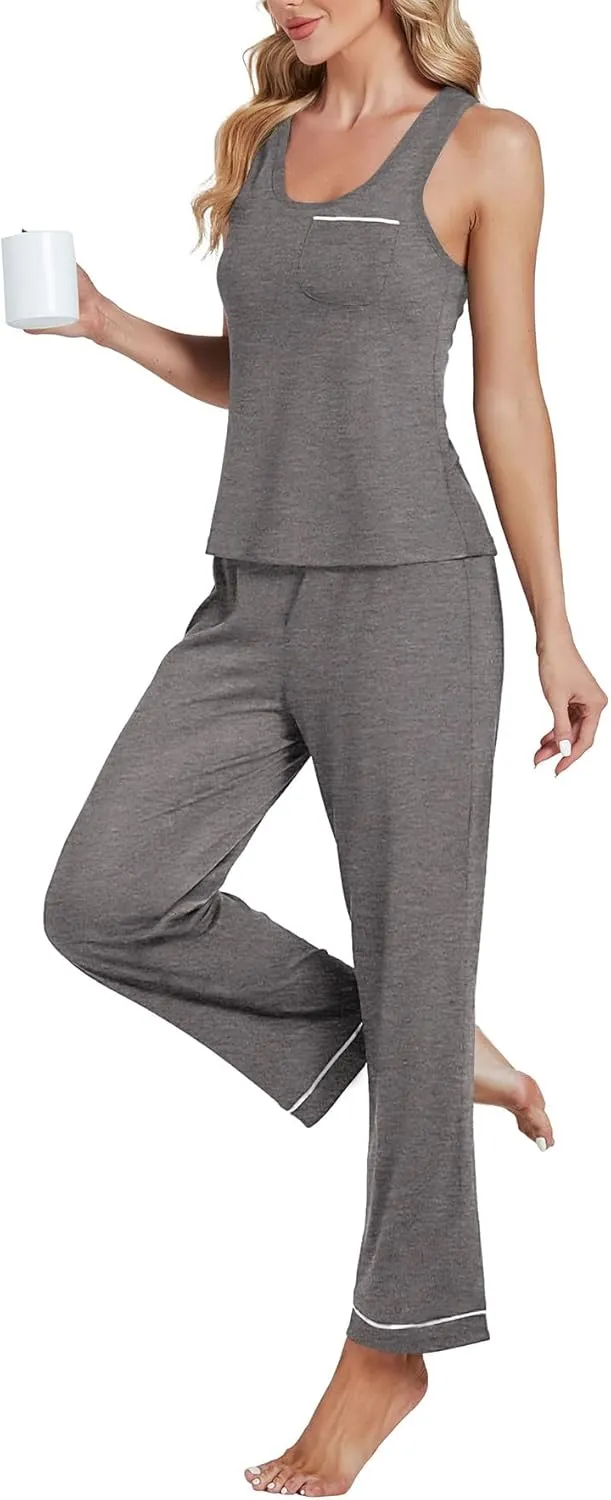 OPOIPIN Women's Pajamas Sets Scoop Neck Sleeveless Tank Tops and Elastic Waist Long Pants Sleepwear Sets with Chest Pocket