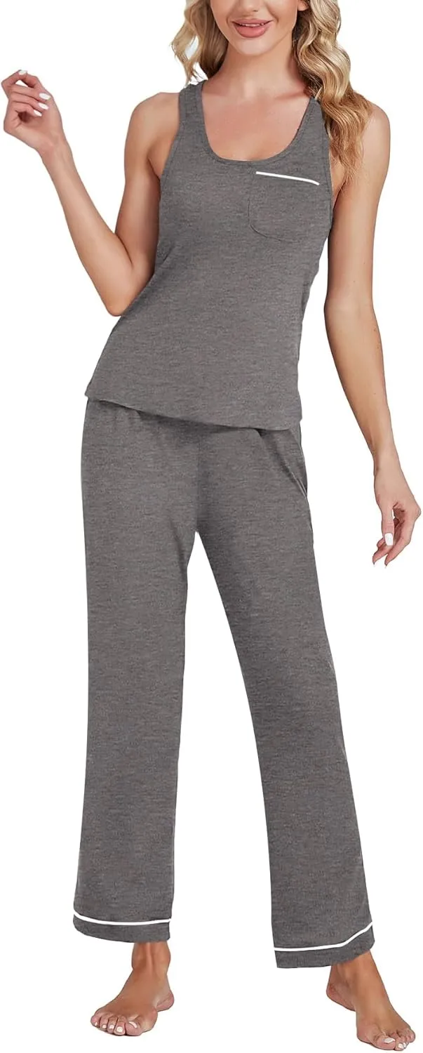 OPOIPIN Women's Pajamas Sets Scoop Neck Sleeveless Tank Tops and Elastic Waist Long Pants Sleepwear Sets with Chest Pocket