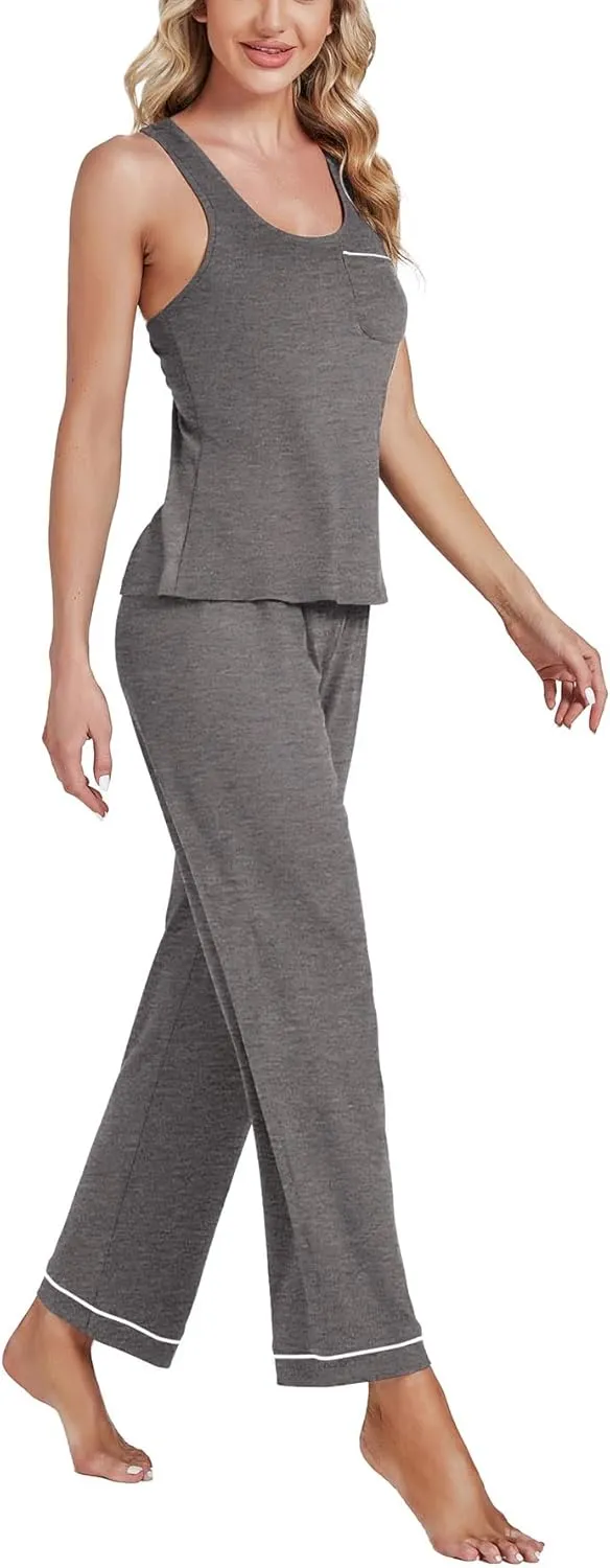 OPOIPIN Women's Pajamas Sets Scoop Neck Sleeveless Tank Tops and Elastic Waist Long Pants Sleepwear Sets with Chest Pocket