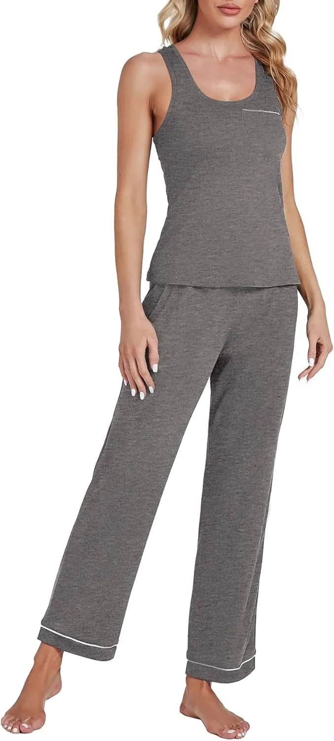 OPOIPIN Women's Pajamas Sets Scoop Neck Sleeveless Tank Tops and Elastic Waist Long Pants Sleepwear Sets with Chest Pocket