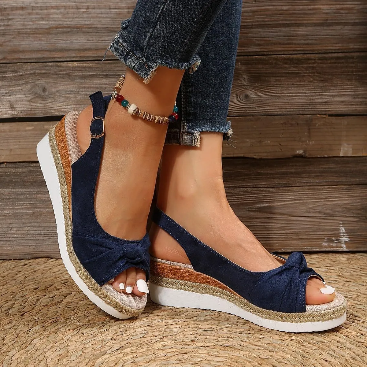 Orthopedic Platform Wedge Sandals for Women 2025 New Bowknot Wedge Sandals Open Toe Ankle Strap Hemp Rope Wedge Heels Summer Dressy Platform Sandals Comfortable Beach Slip on Sandals