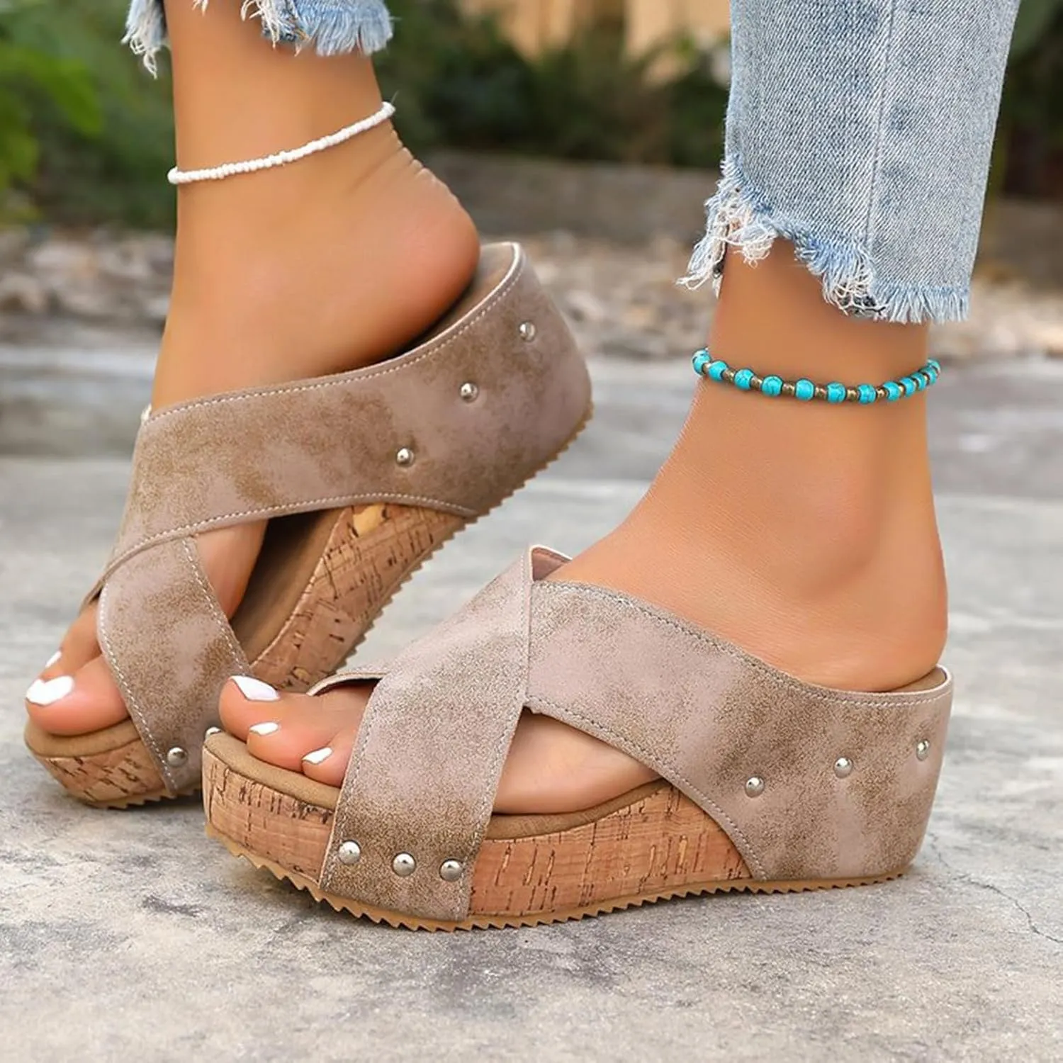 Orthopedic Wedge Sandals for Women Arch Support Comfortable Open Toe Leather Cross Strap Slippers Wide Width Summer Slip On Shoes