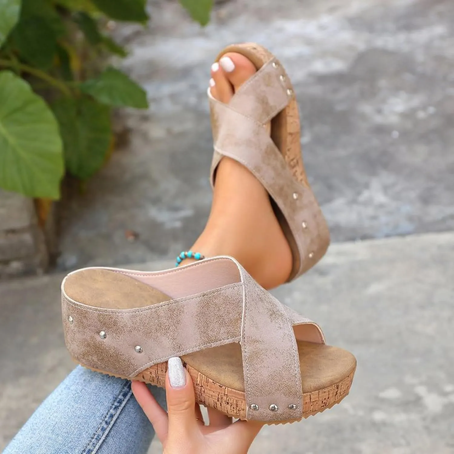 Orthopedic Wedge Sandals for Women Arch Support Comfortable Open Toe Leather Cross Strap Slippers Wide Width Summer Slip On Shoes