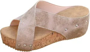 Orthopedic Wedge Sandals for Women Arch Support Comfortable Open Toe Leather Cross Strap Slippers Wide Width Summer Slip On Shoes