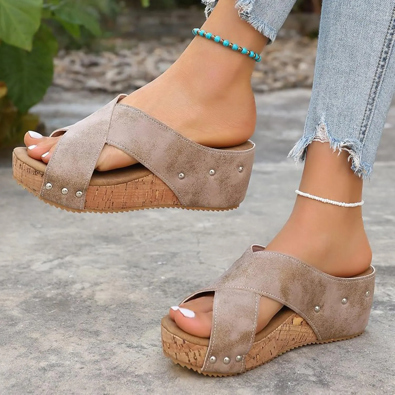 Orthopedic Wedge Sandals for Women Arch Support Comfortable Open Toe Leather Cross Strap Slippers Wide Width Summer Slip On Shoes