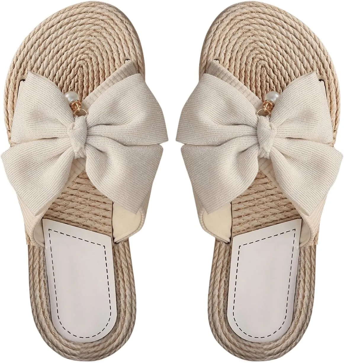 OYOANGLE Women's Bowknot Open Toe Espadrille Sandals Slide On Straw Flat Sandals Vacation Beach Slippers