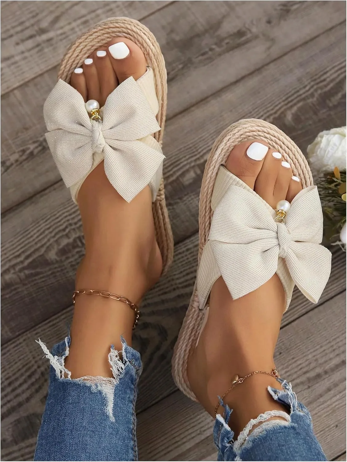 OYOANGLE Women's Bowknot Open Toe Espadrille Sandals Slide On Straw Flat Sandals Vacation Beach Slippers