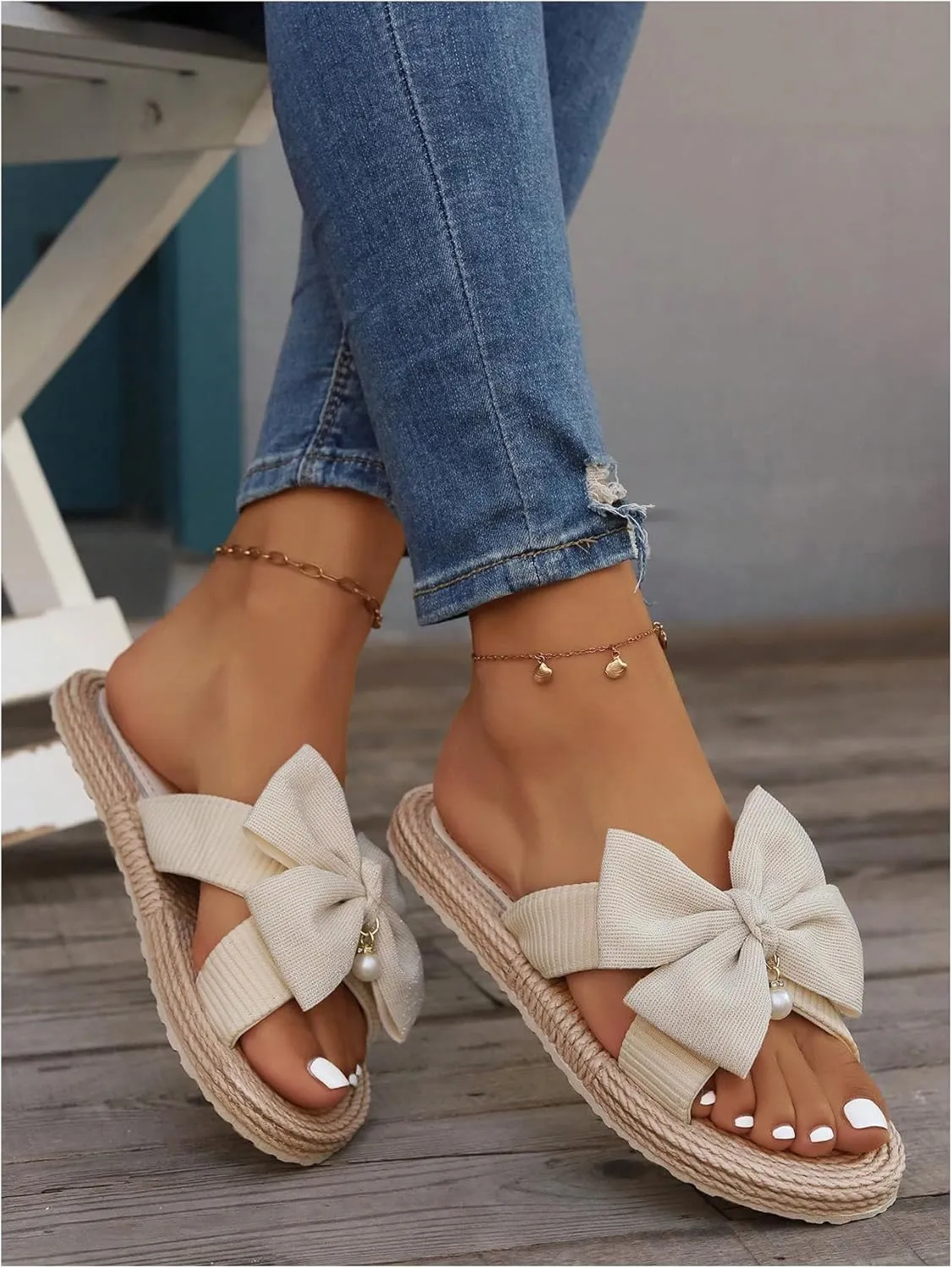 OYOANGLE Women's Bowknot Open Toe Espadrille Sandals Slide On Straw Flat Sandals Vacation Beach Slippers
