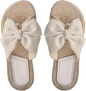 OYOANGLE Women's Bowknot Open Toe Espadrille Sandals Slide On Straw Flat Sandals Vacation Beach Slippers
