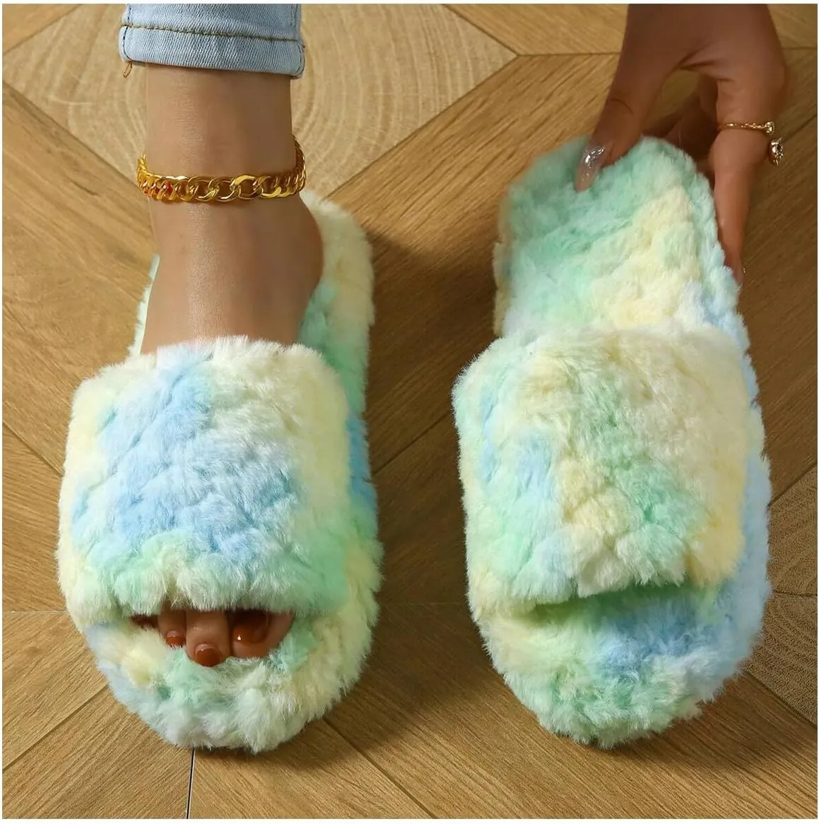 OYOANGLE Women's Tie Dye Open Toe Furry Slippers Slip on Fuzzy Plush Slides Slippers Comfy House Slippers