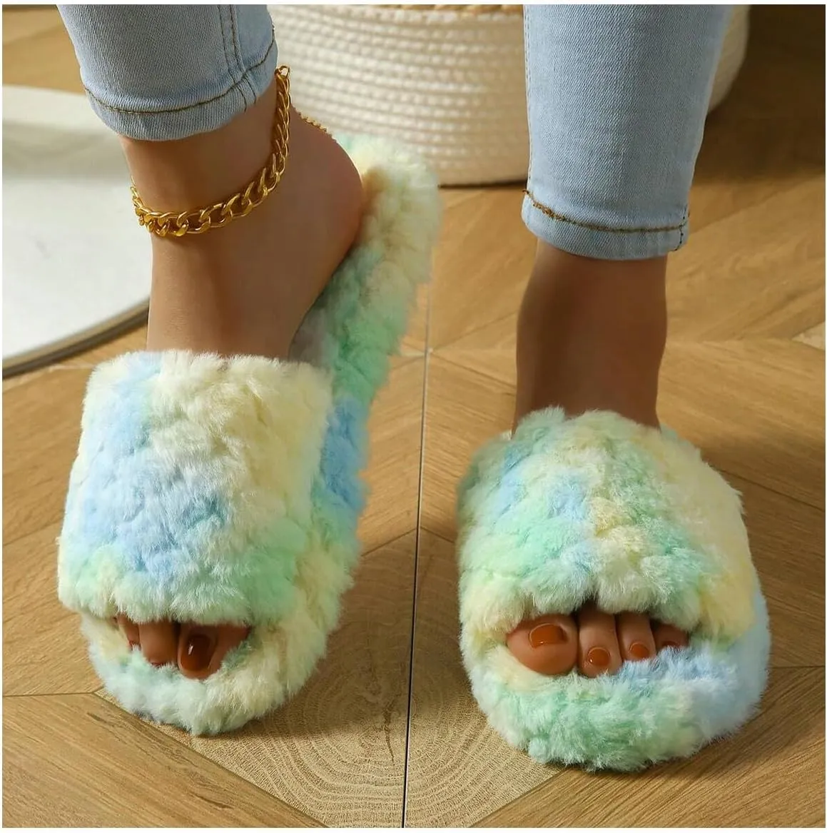 OYOANGLE Women's Tie Dye Open Toe Furry Slippers Slip on Fuzzy Plush Slides Slippers Comfy House Slippers