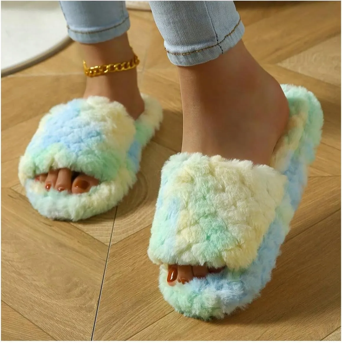 OYOANGLE Women's Tie Dye Open Toe Furry Slippers Slip on Fuzzy Plush Slides Slippers Comfy House Slippers