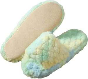 OYOANGLE Women's Tie Dye Open Toe Furry Slippers Slip on Fuzzy Plush Slides Slippers Comfy House Slippers
