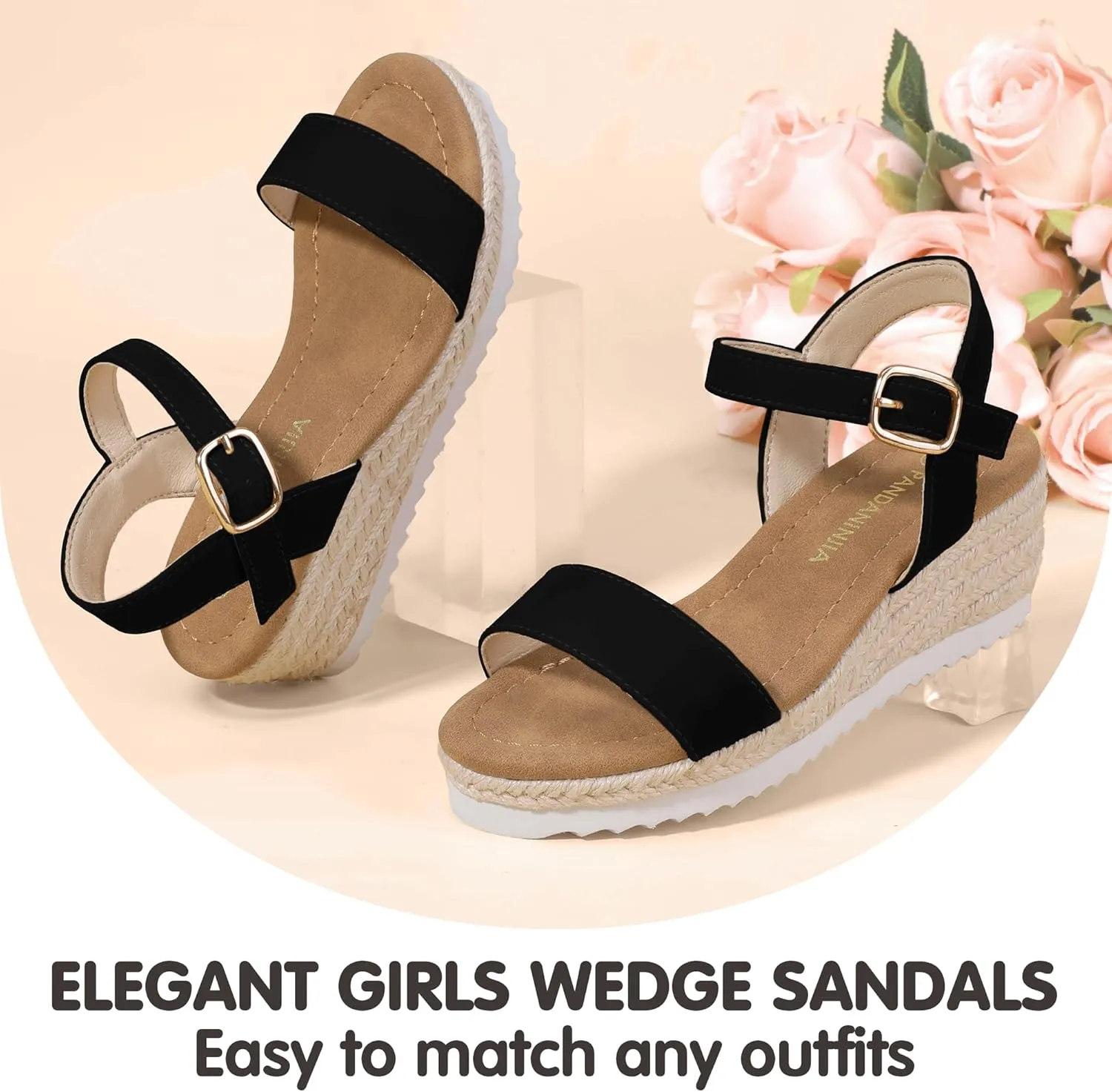 PANDANINJIA Girls Sandals Wedge Platform Espadrille Little Big Kid Girls Heels Open Toe Summer Dress Shoes
