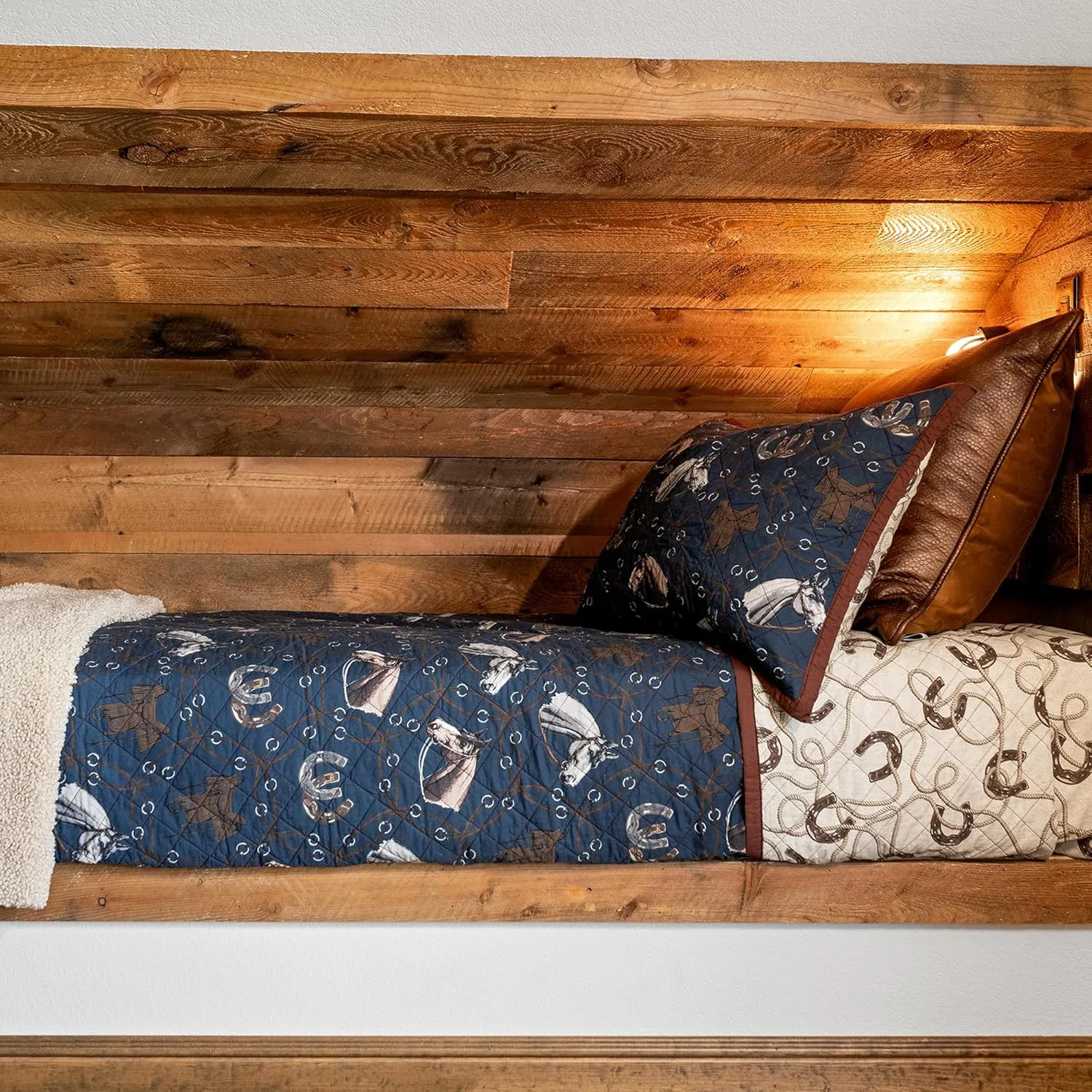 Paseo Road Tasha Polizzi Saratoga Western Bedding Sets King Size 3 Piece Cotton Quilt Set, Navy Blue Brown Tan, Horse Horseshoe Rope Print, Southwestern Rustic Reversible Quilt with Pillow Shams