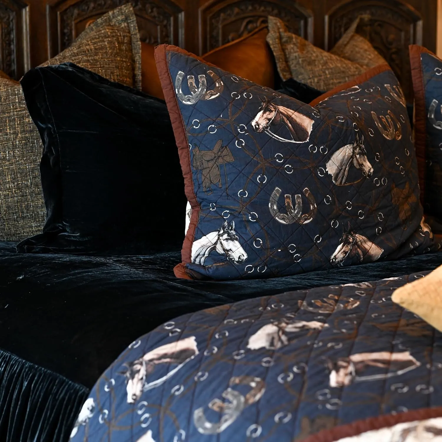 Paseo Road Tasha Polizzi Saratoga Western Bedding Sets King Size 3 Piece Cotton Quilt Set, Navy Blue Brown Tan, Horse Horseshoe Rope Print, Southwestern Rustic Reversible Quilt with Pillow Shams