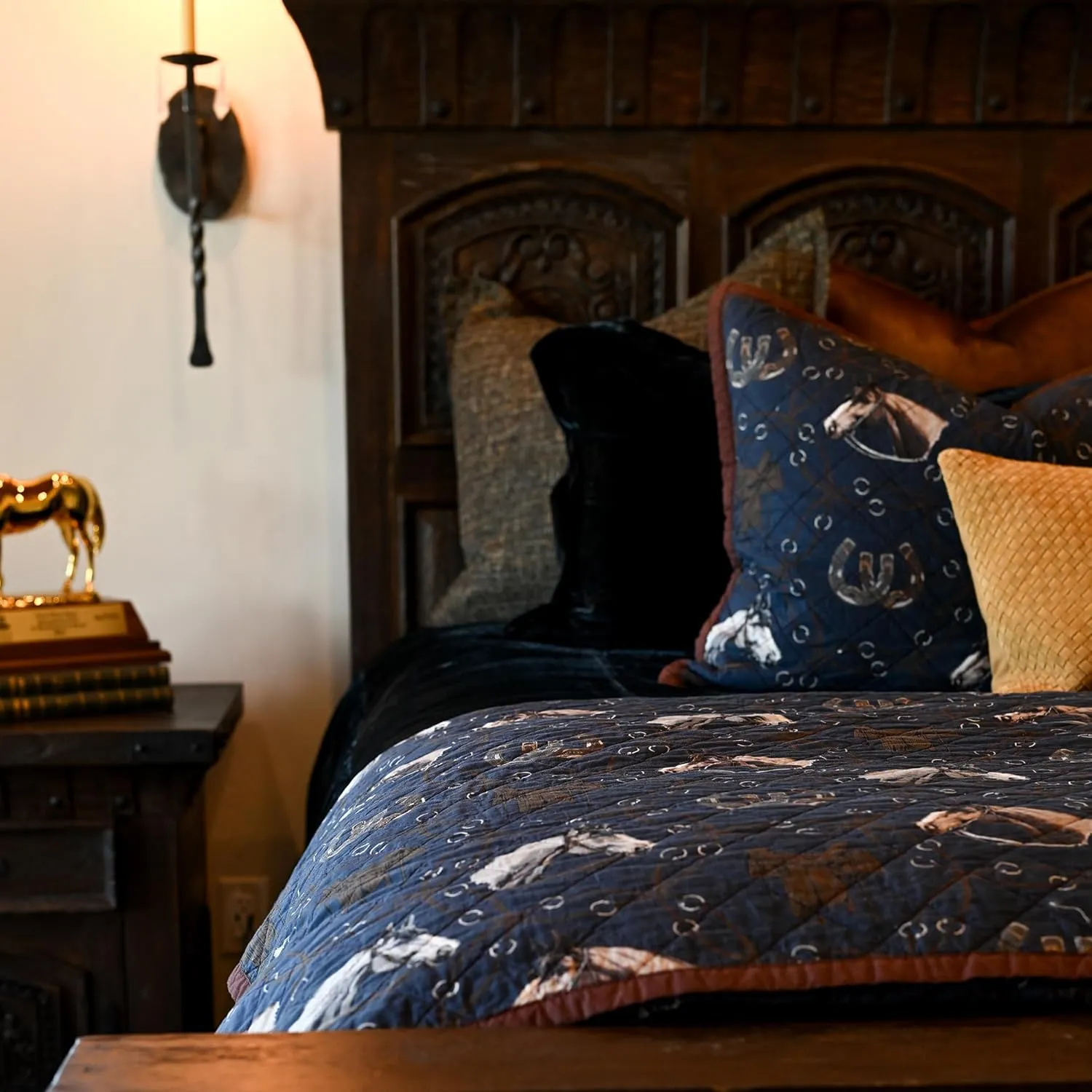 Paseo Road Tasha Polizzi Saratoga Western Bedding Sets King Size 3 Piece Cotton Quilt Set, Navy Blue Brown Tan, Horse Horseshoe Rope Print, Southwestern Rustic Reversible Quilt with Pillow Shams