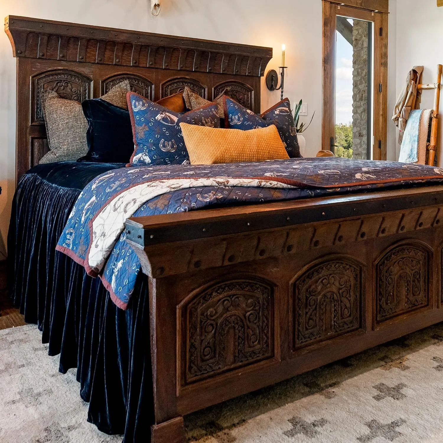 Paseo Road Tasha Polizzi Saratoga Western Bedding Sets King Size 3 Piece Cotton Quilt Set, Navy Blue Brown Tan, Horse Horseshoe Rope Print, Southwestern Rustic Reversible Quilt with Pillow Shams