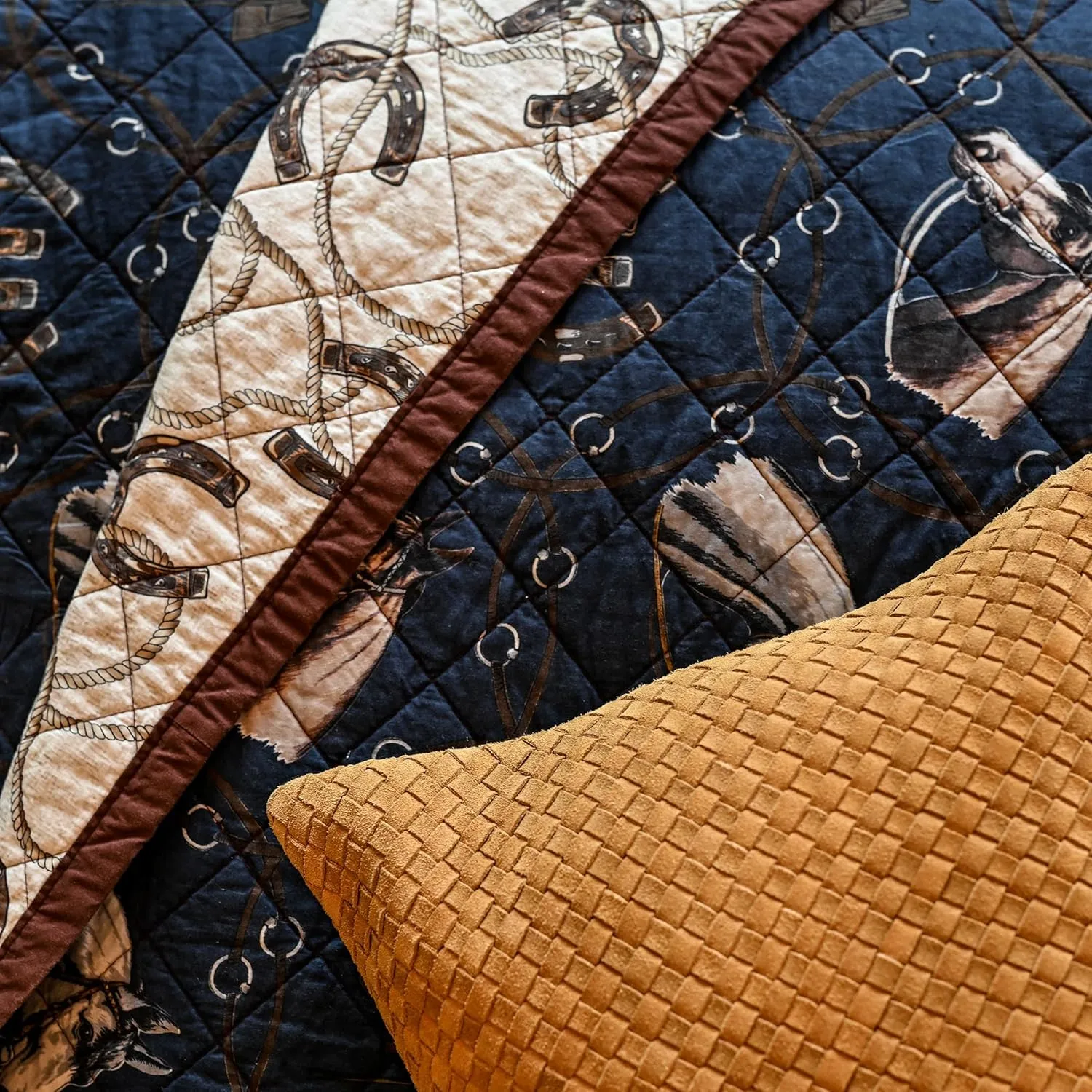 Paseo Road Tasha Polizzi Saratoga Western Bedding Sets King Size 3 Piece Cotton Quilt Set, Navy Blue Brown Tan, Horse Horseshoe Rope Print, Southwestern Rustic Reversible Quilt with Pillow Shams