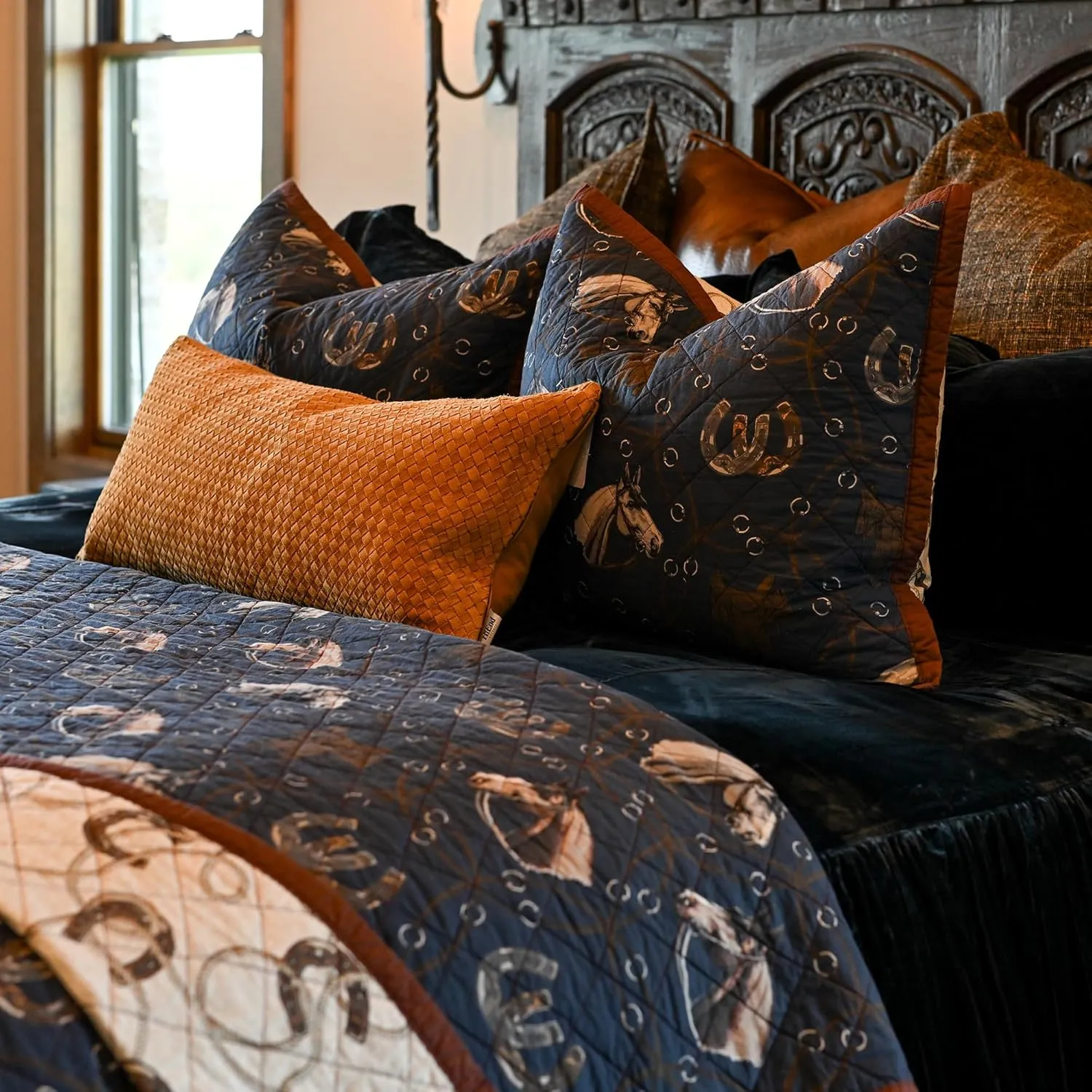 Paseo Road Tasha Polizzi Saratoga Western Bedding Sets King Size 3 Piece Cotton Quilt Set, Navy Blue Brown Tan, Horse Horseshoe Rope Print, Southwestern Rustic Reversible Quilt with Pillow Shams
