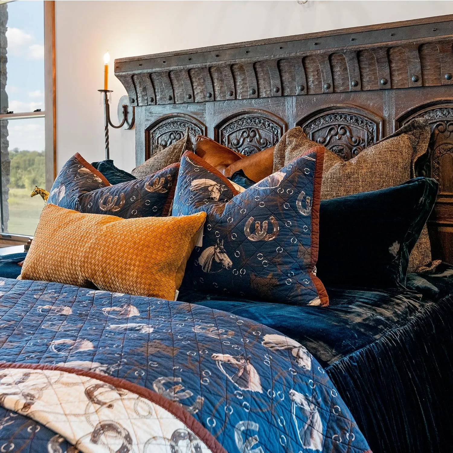 Paseo Road Tasha Polizzi Saratoga Western Bedding Sets King Size 3 Piece Cotton Quilt Set, Navy Blue Brown Tan, Horse Horseshoe Rope Print, Southwestern Rustic Reversible Quilt with Pillow Shams