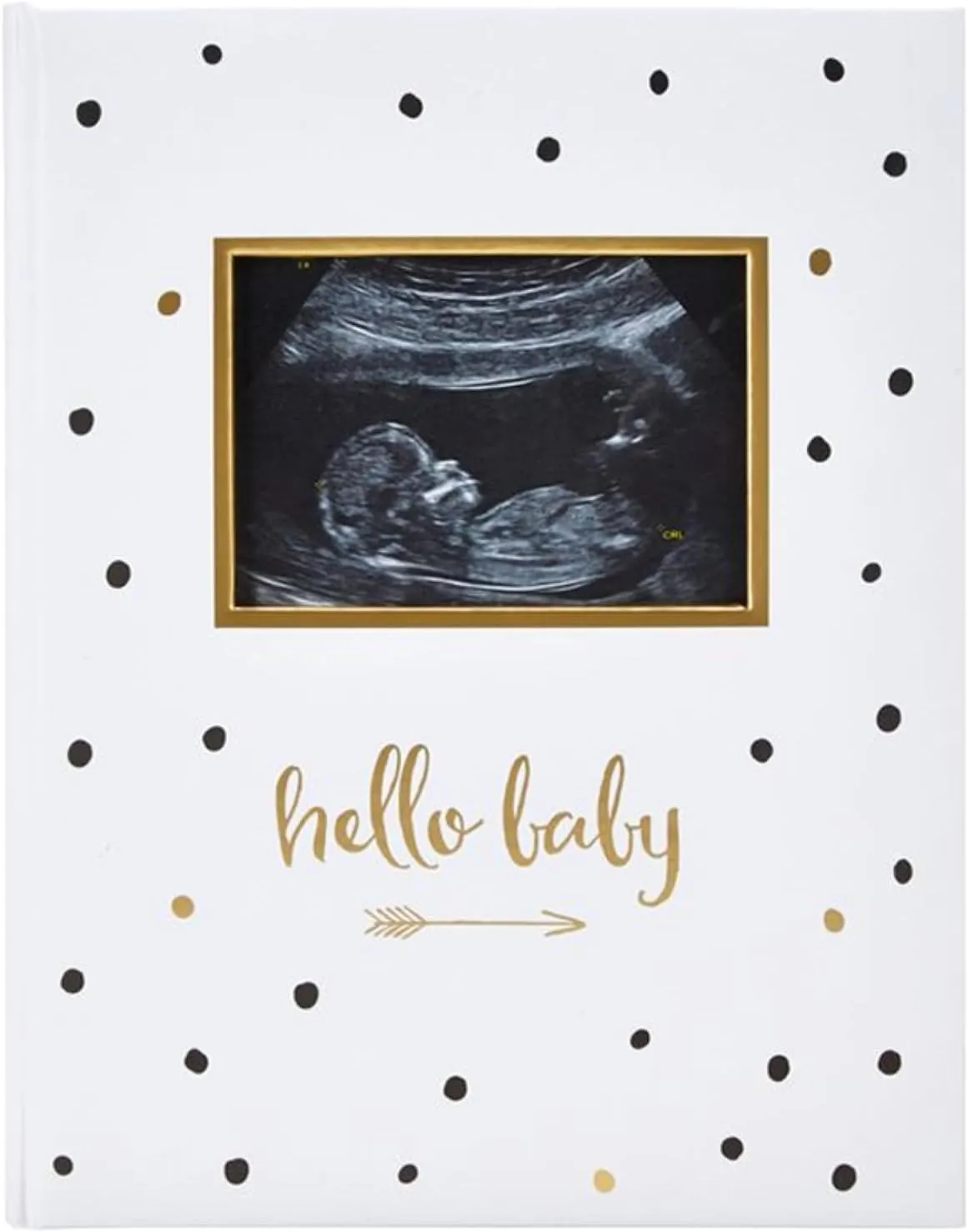 Pearhead Hello Baby First 5 Years Memory Book, Gender-Neutral Baby Keepsake for New and Expectant Parents, Pregnancy And Milestone Journal, Modern Minimalist Black and Gold Polka Dot