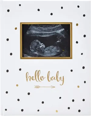 Pearhead Hello Baby First 5 Years Memory Book, Gender-Neutral Baby Keepsake for New and Expectant Parents, Pregnancy And Milestone Journal, Modern Minimalist Black and Gold Polka Dot