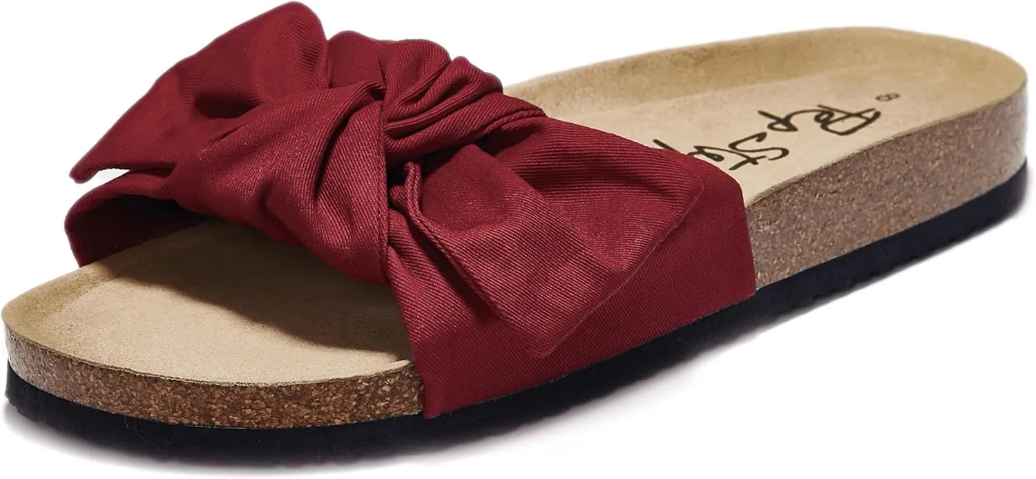 PepStep Slide Sandals for Women or Ladies Dressy Summer Casual, Cute Bow Tie Knot On Top Strap, Comfy Slip On Cork Foot Bed