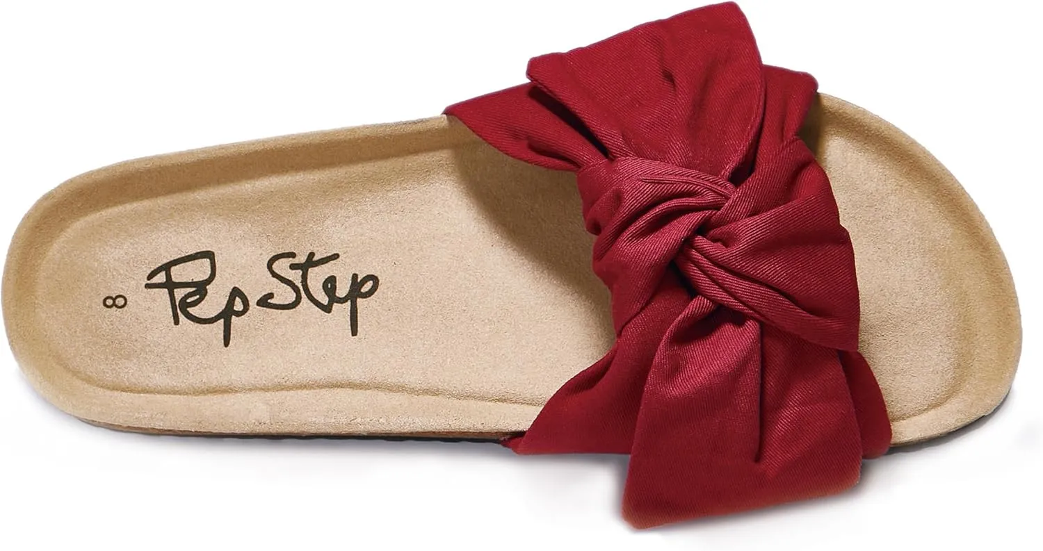 PepStep Slide Sandals for Women or Ladies Dressy Summer Casual, Cute Bow Tie Knot On Top Strap, Comfy Slip On Cork Foot Bed