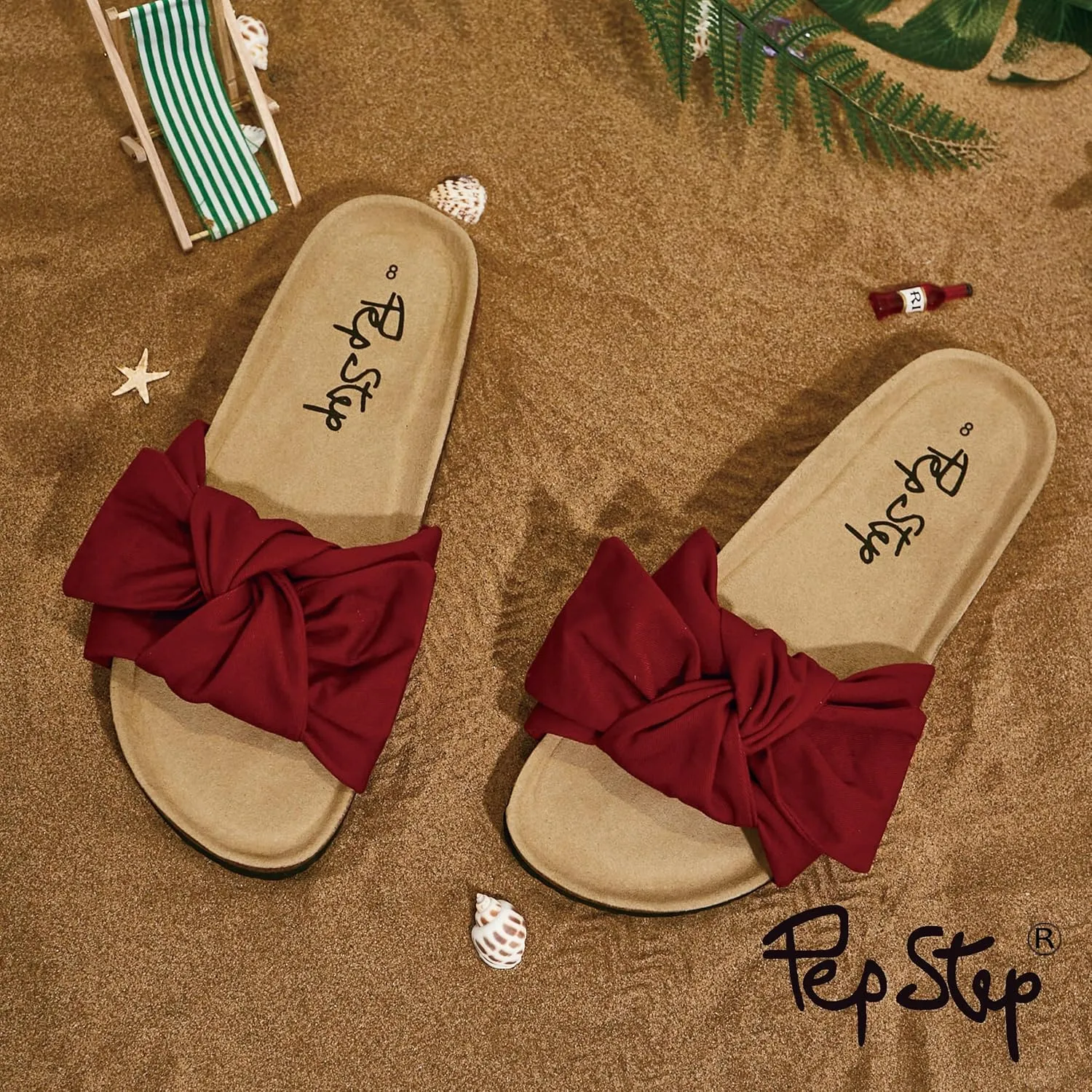 PepStep Slide Sandals for Women or Ladies Dressy Summer Casual, Cute Bow Tie Knot On Top Strap, Comfy Slip On Cork Foot Bed