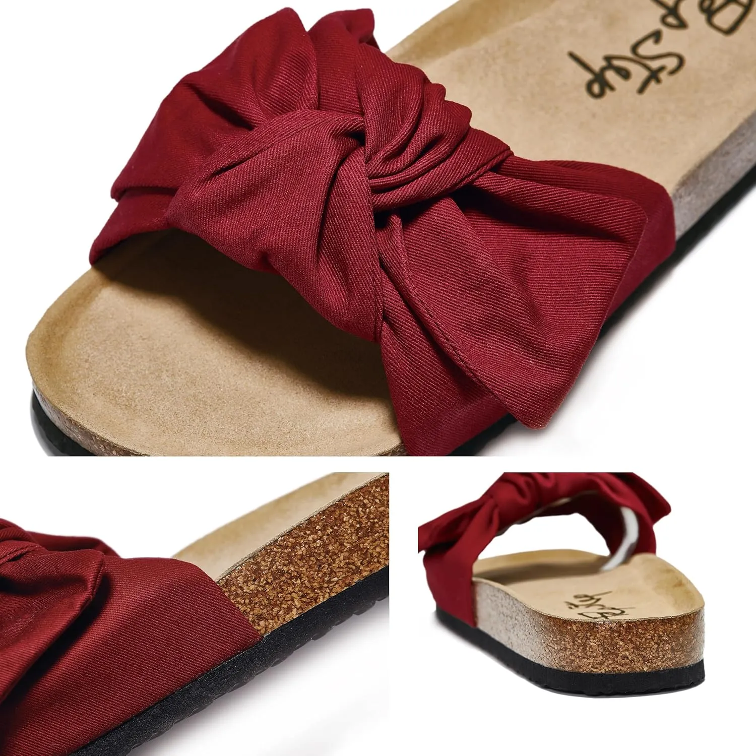 PepStep Slide Sandals for Women or Ladies Dressy Summer Casual, Cute Bow Tie Knot On Top Strap, Comfy Slip On Cork Foot Bed