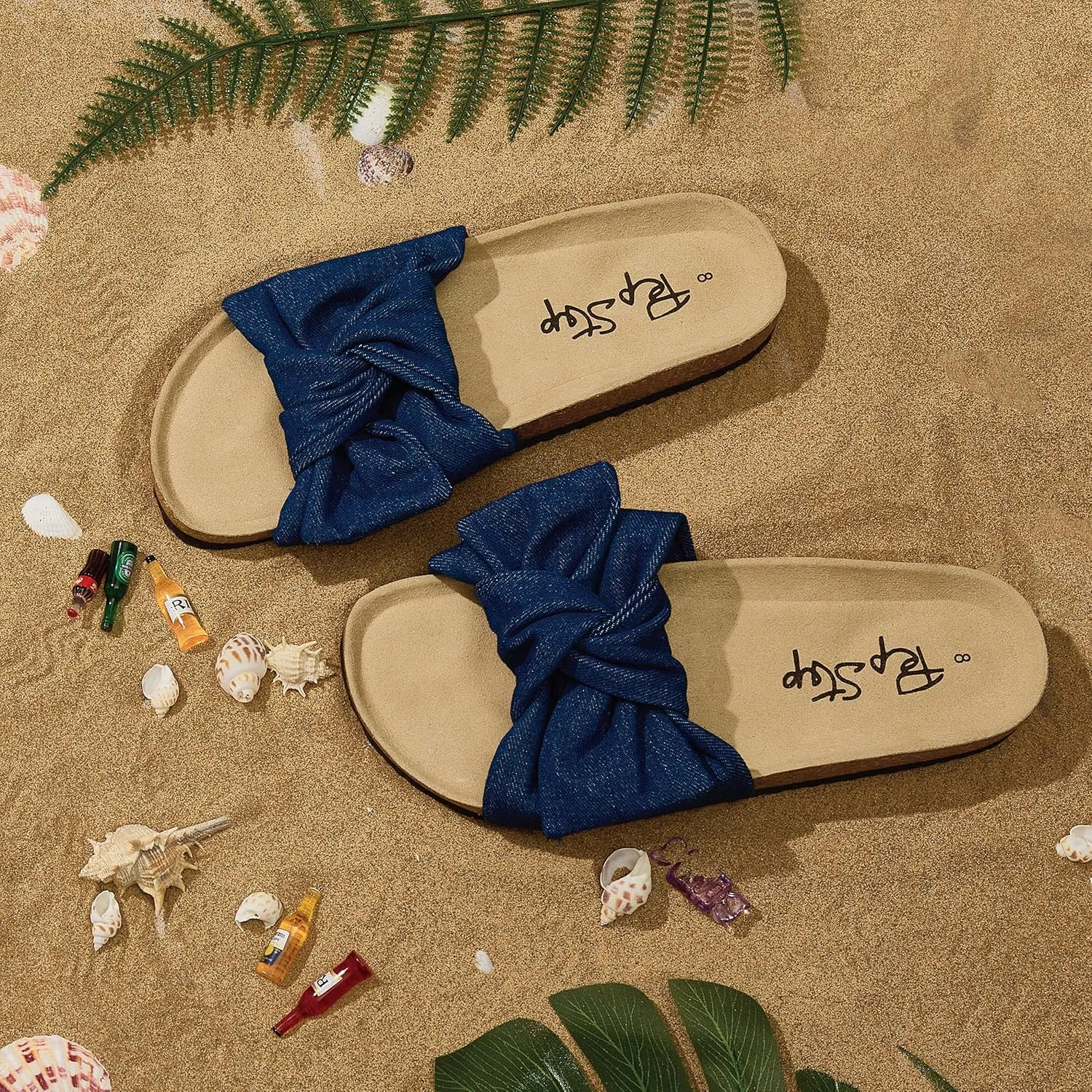 PepStep Slide Sandals for Women or Ladies Dressy Summer Casual, Cute Bow Tie Knot On Top Strap, Comfy Slip On Cork Foot Bed