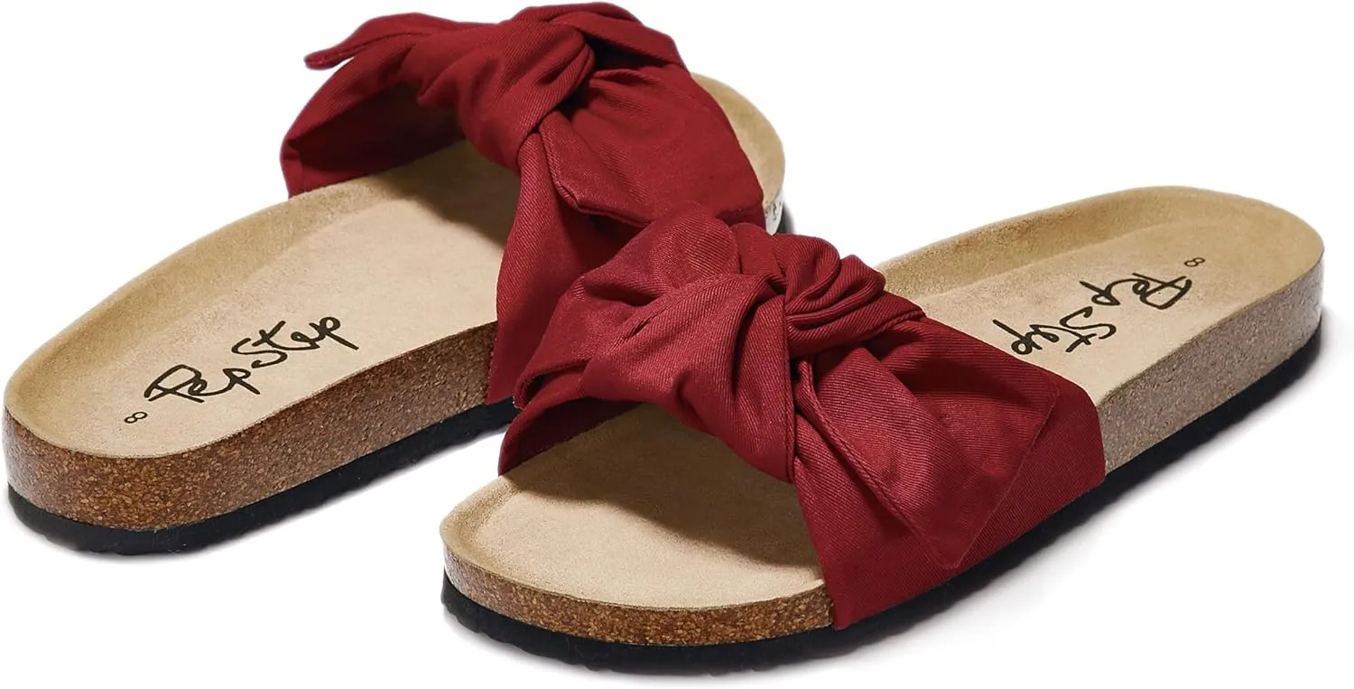PepStep Slide Sandals for Women or Ladies Dressy Summer Casual, Cute Bow Tie Knot On Top Strap, Comfy Slip On Cork Foot Bed