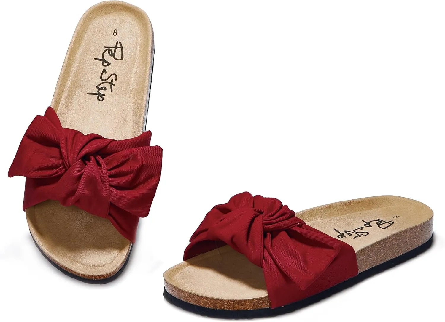 PepStep Slide Sandals for Women or Ladies Dressy Summer Casual, Cute Bow Tie Knot On Top Strap, Comfy Slip On Cork Foot Bed