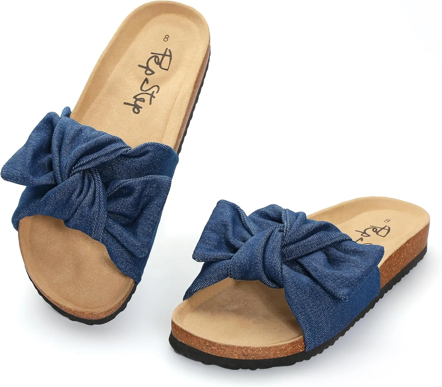 PepStep Slide Sandals for Women or Ladies Dressy Summer Casual, Cute Bow Tie Knot On Top Strap, Comfy Slip On Cork Foot Bed
