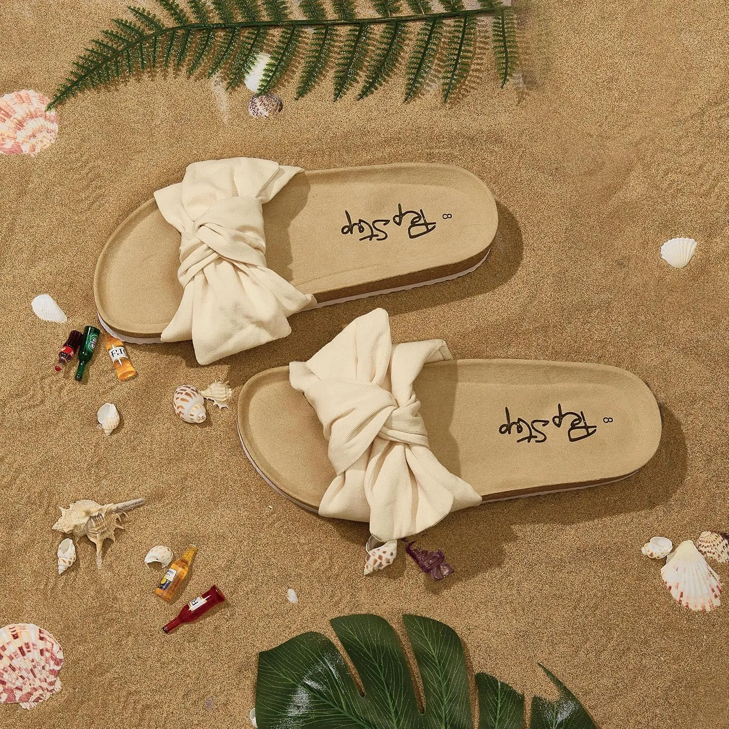 PepStep Slide Sandals for Women or Ladies Dressy Summer Casual, Cute Bow Tie Knot On Top Strap, Comfy Slip On Cork Foot Bed