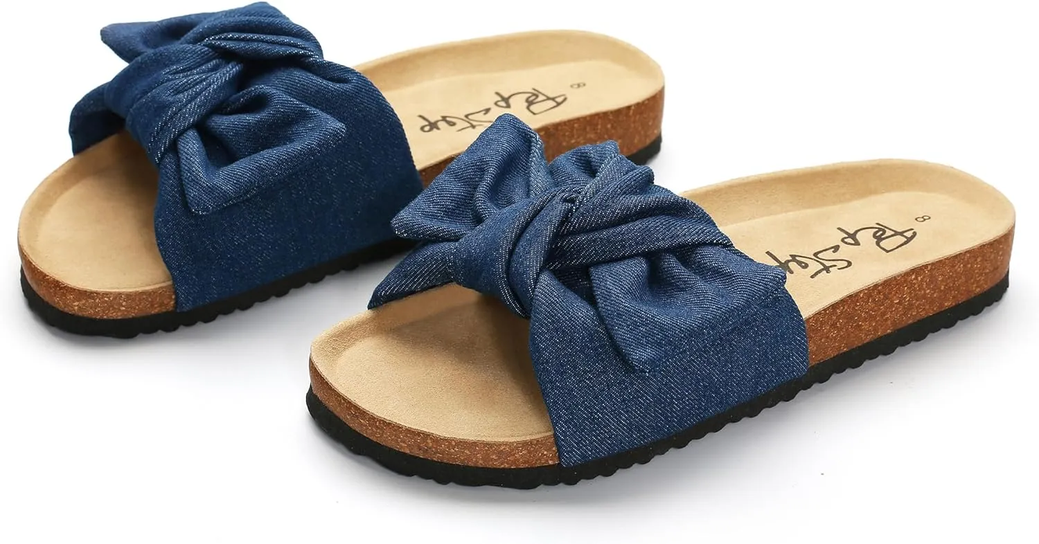 PepStep Slide Sandals for Women or Ladies Dressy Summer Casual, Cute Bow Tie Knot On Top Strap, Comfy Slip On Cork Foot Bed