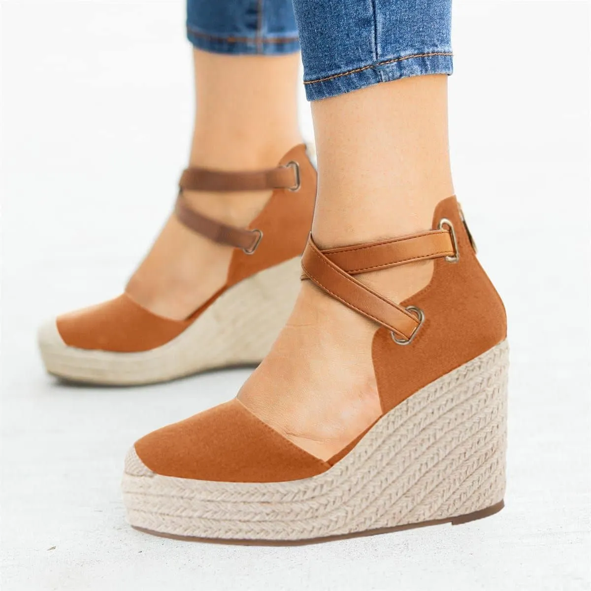 PiePieBuy Womens Wedge Espadrille Ankle Strap Closed Cap Toe Platform Heeled Sandals